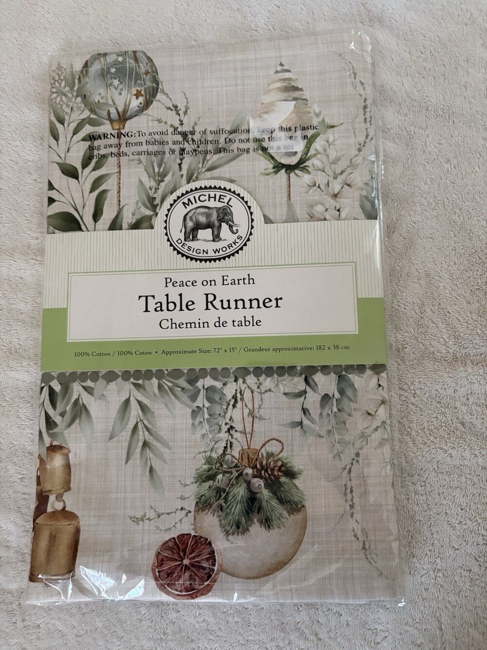 Michel Design Works Table Runner Christmas Holiday “Peace On Earth” 72x15”